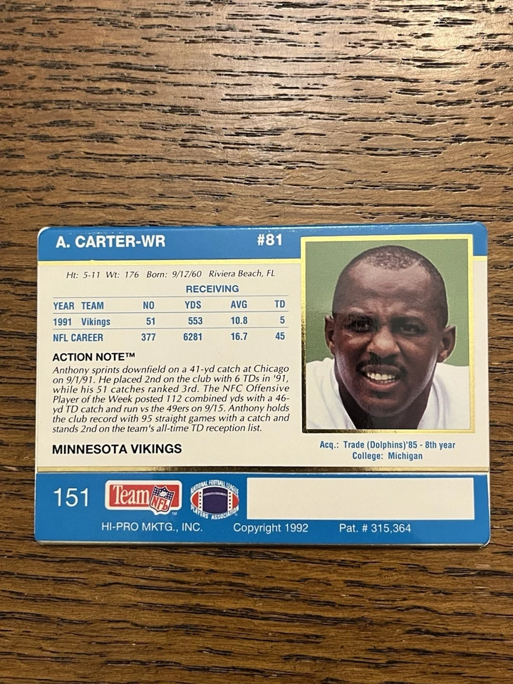1992 Action Packed - Anthony Carter #151 - Image 2 of 2