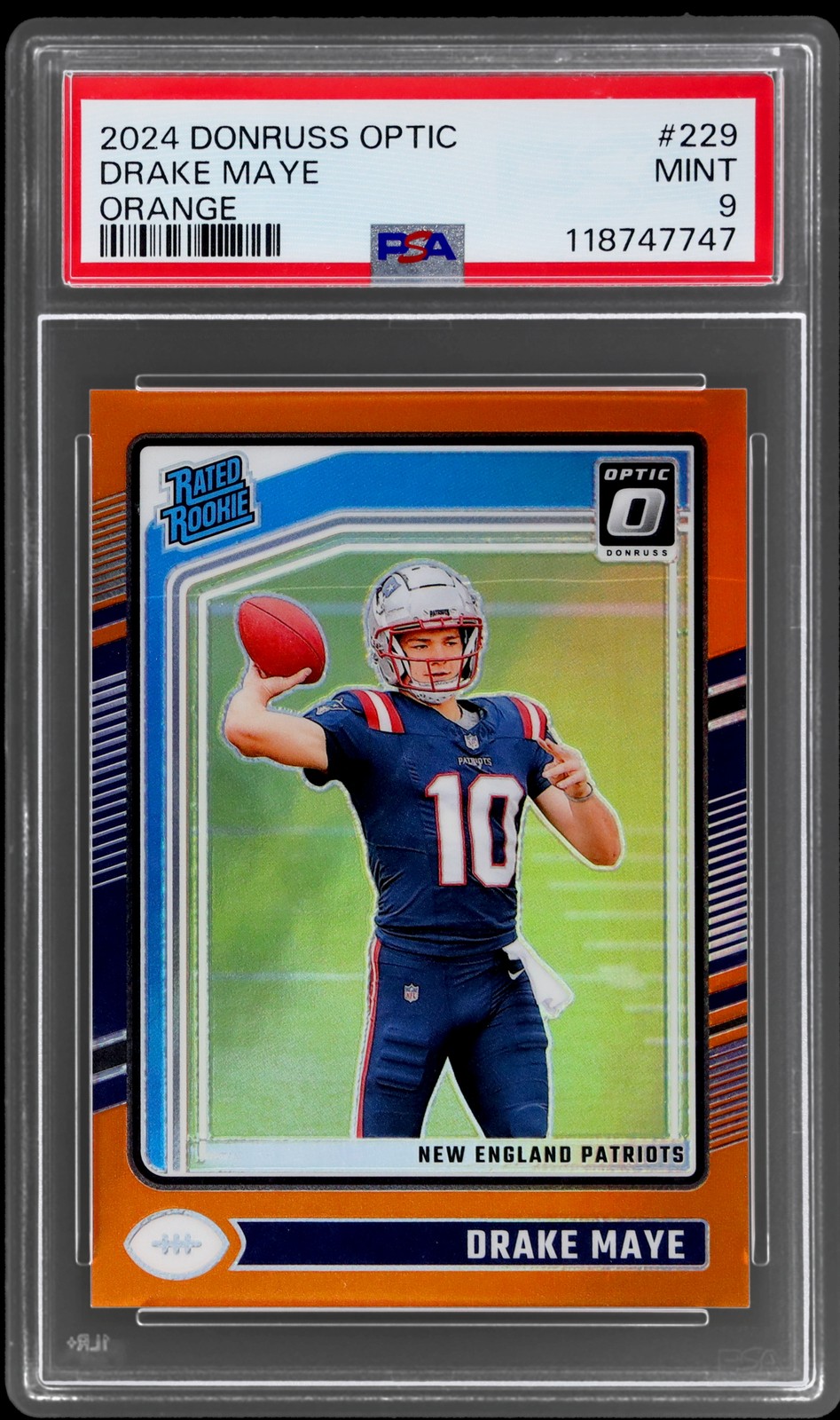 2024 Donruss Optic Drake Maye #229 PSA 9 RC Rated Rookie Orange 123/249 Football