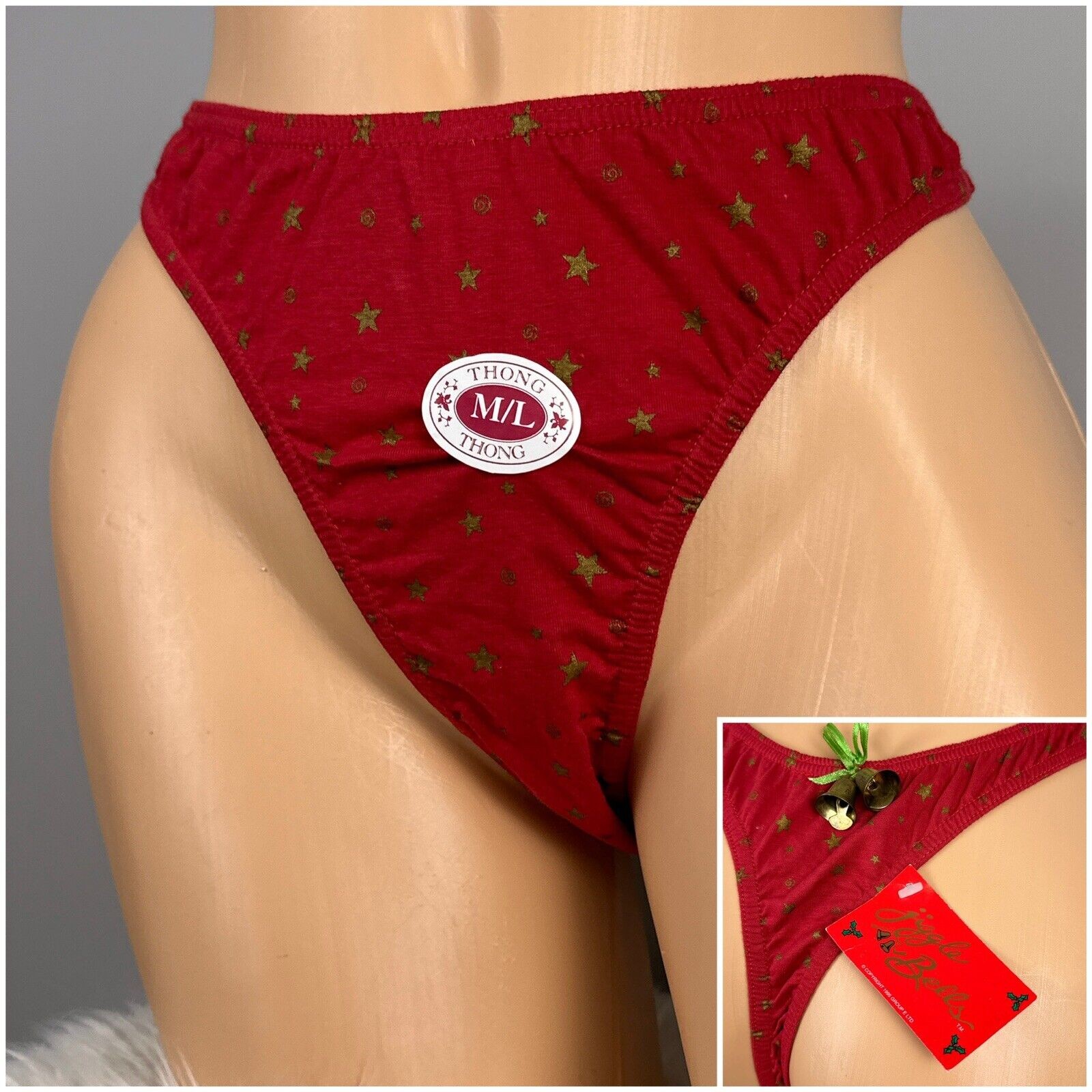 Vintage Women's Medium Large M/L Thong Panty Jingle Bells 100% Cotton 1995 90s