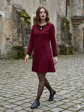 Vintage 1960s Dark Red Wool Mod Shift Dress Black Crochet Lace Cuff Hem 1960s M