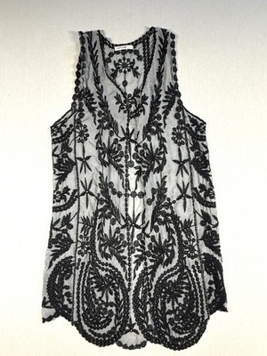 Origami by Vivien Sheer Floral Lace Kimono O/S Sleeveless Cardigan Duster Boho