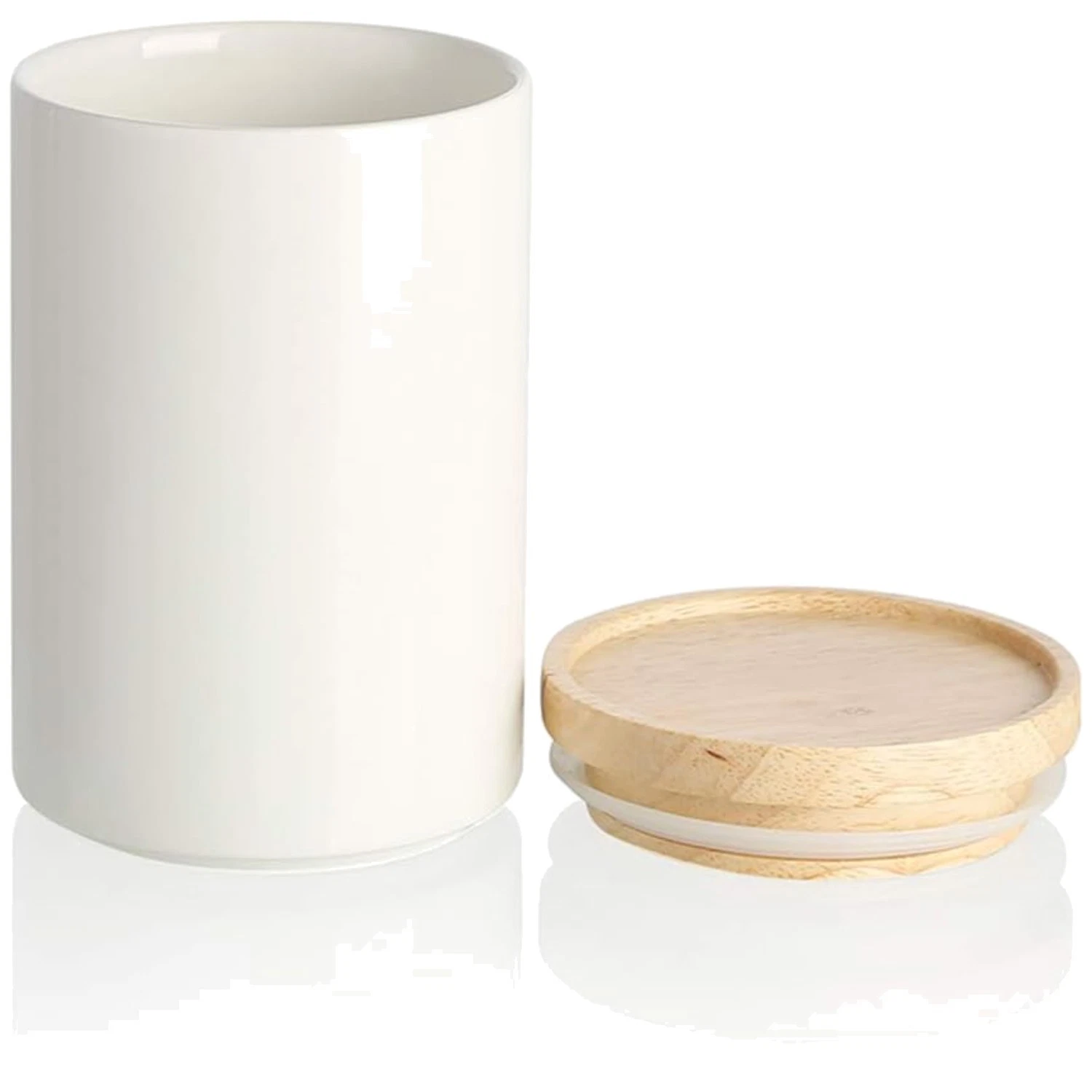 White Ceramic Food Storage Jar with Wooden Lid - 28 Fl Oz