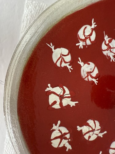 Ciotola con coperchio rosso in ceramica da studio fatta a mano caramelle natalizie sul coperchio - Foto 12 di 12