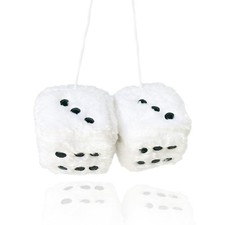 Fuzzy Plush Dice For Car Mirror 3 Inch Pair Of Retro White Dice With Black Dots