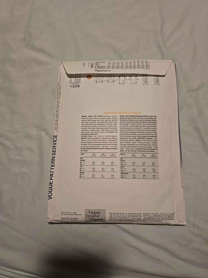 VTG 1994 Vogue Pattern #1328 ISSEY MIYAKE Size S 8-10 Jacket Top Pants UNCUT FF - Image 3 of 4