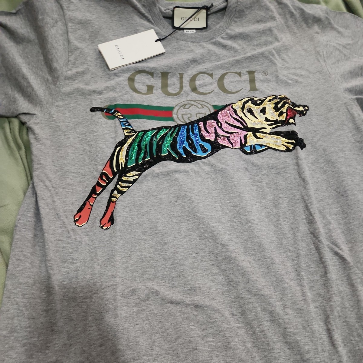 Gucci Tiger Limited Edition Gray T Shirt With Bling Size Medium