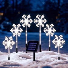 Solar Christmas Pathway Lights 6 Pack, White Snowflake LED Stake Lights 8 Modes