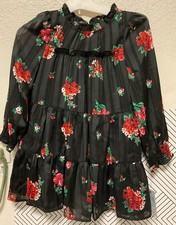Cat Jack Girls Black Long Sleeve With Red Floral Dress Size XS 4/5