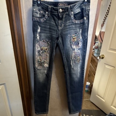 Grace In LA Skinny Jeans Embroidered Patchwork Blue Denim Size 8 Women