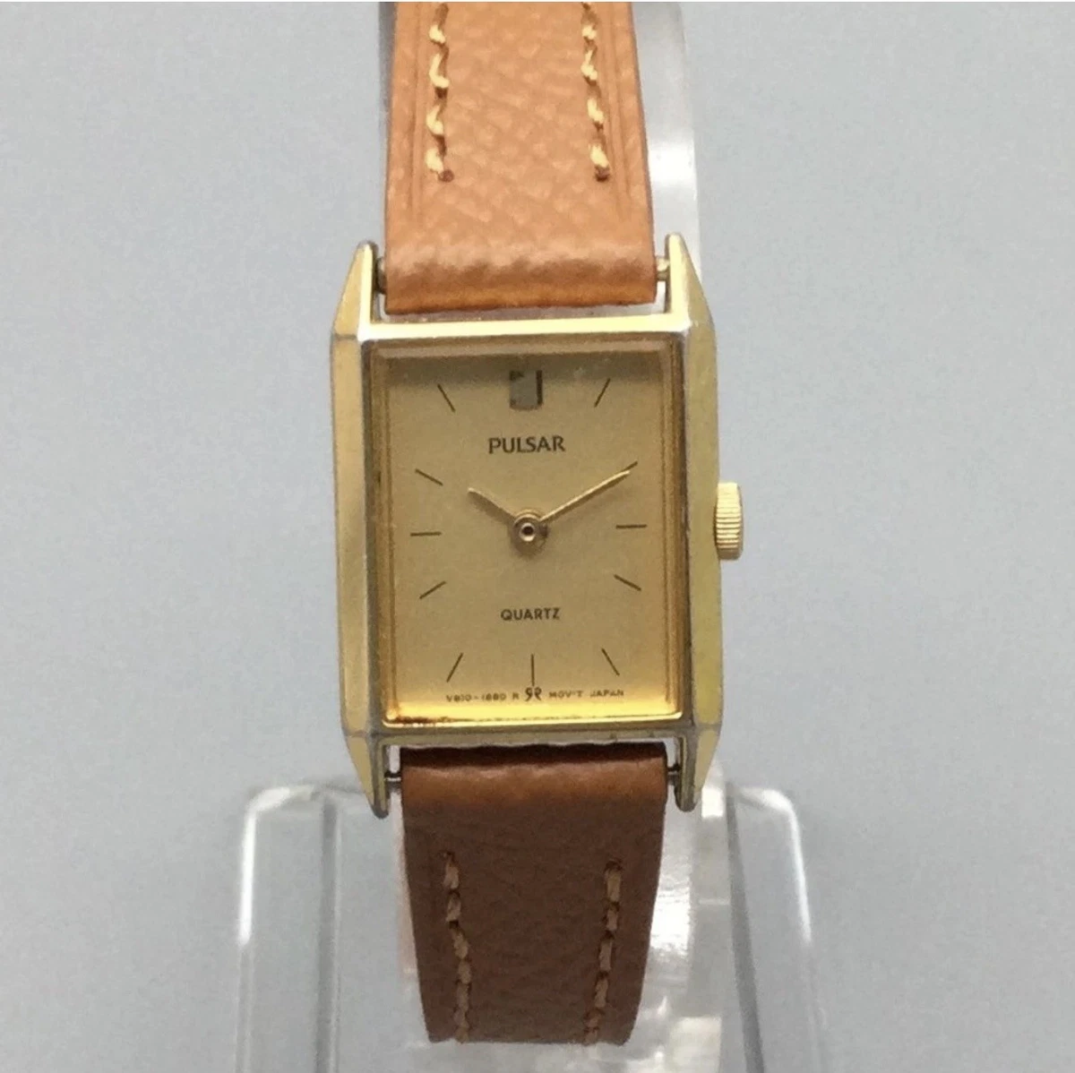 Vintage Pulsar gold-tone green dial brown leather watch 1984 Gold Tone Pulsar Quartz Tank Watch – Oldtimer Watch Shop main image 2