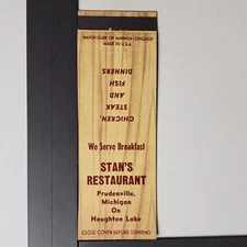 Stan's Restaurant Prudenville Michigan Vintage Woodgrain Design Matchbook