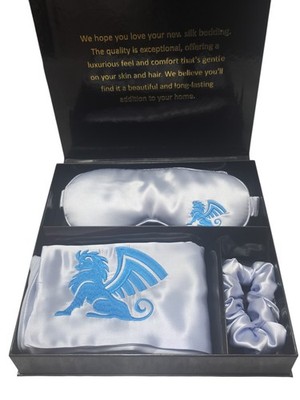 Hergestellt aus 100 % Maulbeerseide Kissenbezug Augenmaske Haargummi Geschenkbox SCHLAFSET