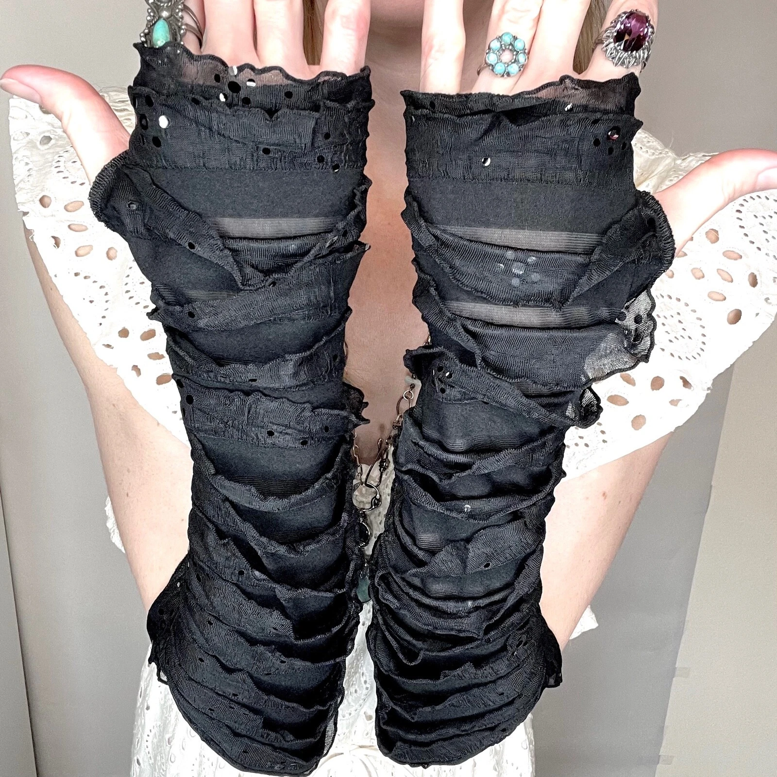 Black Sequin Gloves Ruffle Arm Warmers Goth Mummy Costume Striped Dance Long NWT