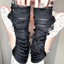 Black Sequin Gloves Ruffle Arm Warmers Goth Mummy Costume Striped Dance Long NWT
