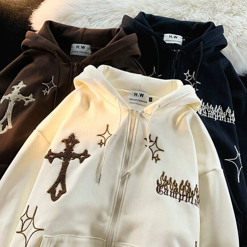 Jesus Cross Zip Up Hoodie Y2K Sweatshirt Oversized Harajuku Kawaii