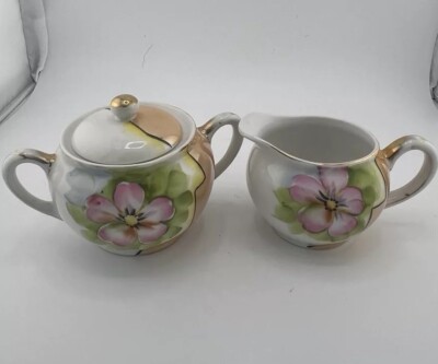 Vintage Noritake Japan Peach Lusterware Cream & Sugar Art Deco Floral Hand Paint