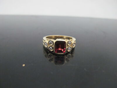 ART DECO Style Round Brilliant Cut DIAMOND Red SAPPHIRE 14k Yellow Gold Ring GIA