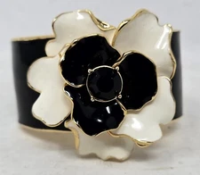 Kenneth Jay Lane Gold Plated & Enamel Camellia Clamper Cuff Bracelet KJL Jewelry