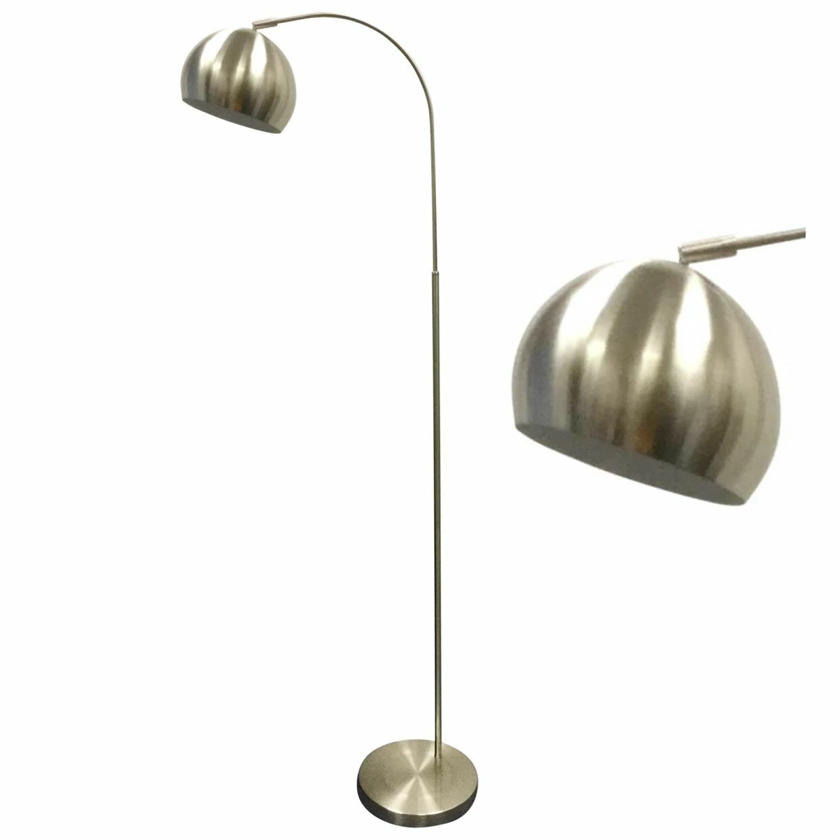 Modern 150cm Floor Light Standard Lamp Curved Brushed Chrome Design Dome Shade