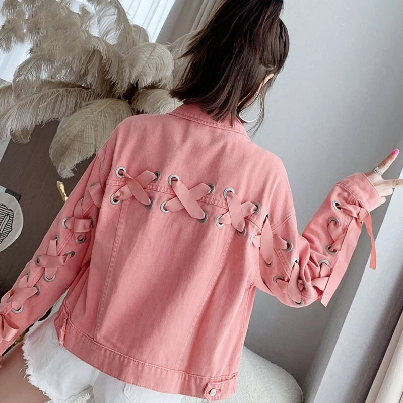 Women Denim Jacket Coat Blazer Lace Up Crop Top Harajuku Punk Loose Casual - Image 4 of 4