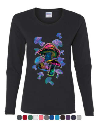Colorful Neon Mushrooms Women's Long Sleeve Tee Shrooms Peace Hippie