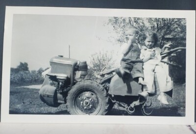 Vtg Black and White Photo Children Sitting on 1950s Rototiller 5 x 3.5'' Snapshot