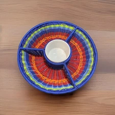 Rainbow Chip and Dip Set Outdoor Woven Coated Multicolor Basket White Ceramic