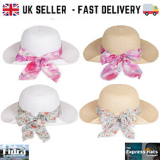 Ladies wide brim straw hats with floral scarf band, 4 designs.fast UK post