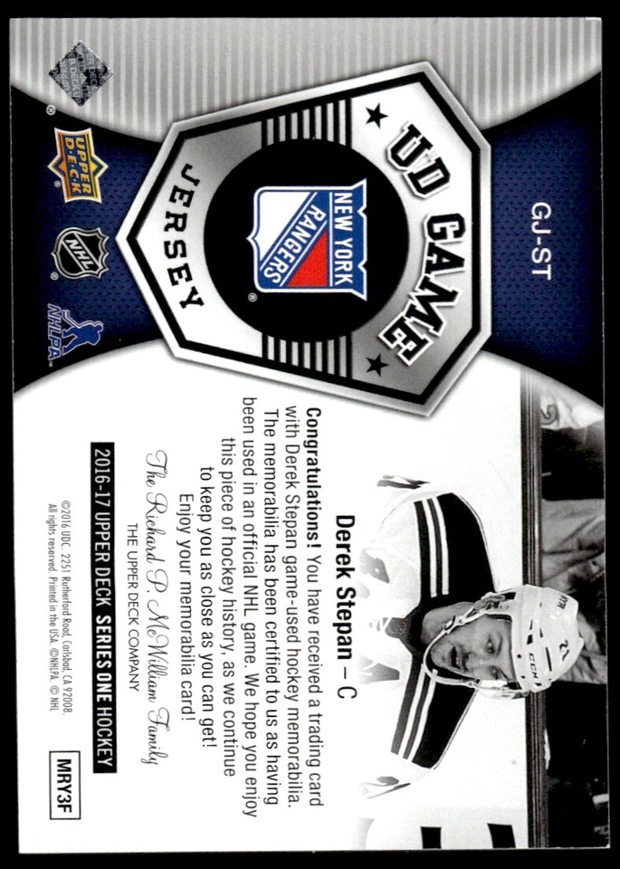 2016-17 Upper Deck UD Game Jerseys Derek Stepan New York Rangers #GJ-ST - Image 2 of 2