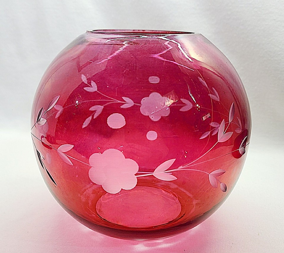 Czech Cranberry Cut to Clear Round Floral Vase eBay