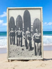 12x18 Rustic Style Surfer Girls at Beach B&W Wood Sign Display Nautical Decor