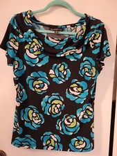 Briggs New York M Womens Black/Blue/Green Short Sleeve Stretch Floral Pretty Top
