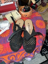 VTG Y2K Mudd Cork Wedge PLATFORM SANDALS HEELS SHOES Black Macrame Woven size 5