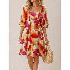 Farm Rio Cashew Abstract Print Linen Blend Puff Sleeve Midi Dress Red Pink S