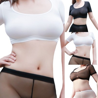 Frauen Tops O-Neck Schiere Crop-Top Sexy Dessous-Nachtwäsche Solid Color