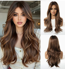 Parrucche capelli sintetici ondulati lunghi marroni radicati mix parte centrale donna morbide naturali