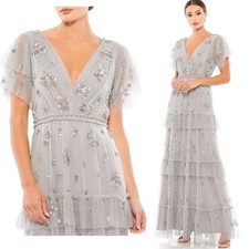 Mac Duggal NEW Ruffle Tiered Embellished Flutter Sleeve Gown Platinum - Size 12