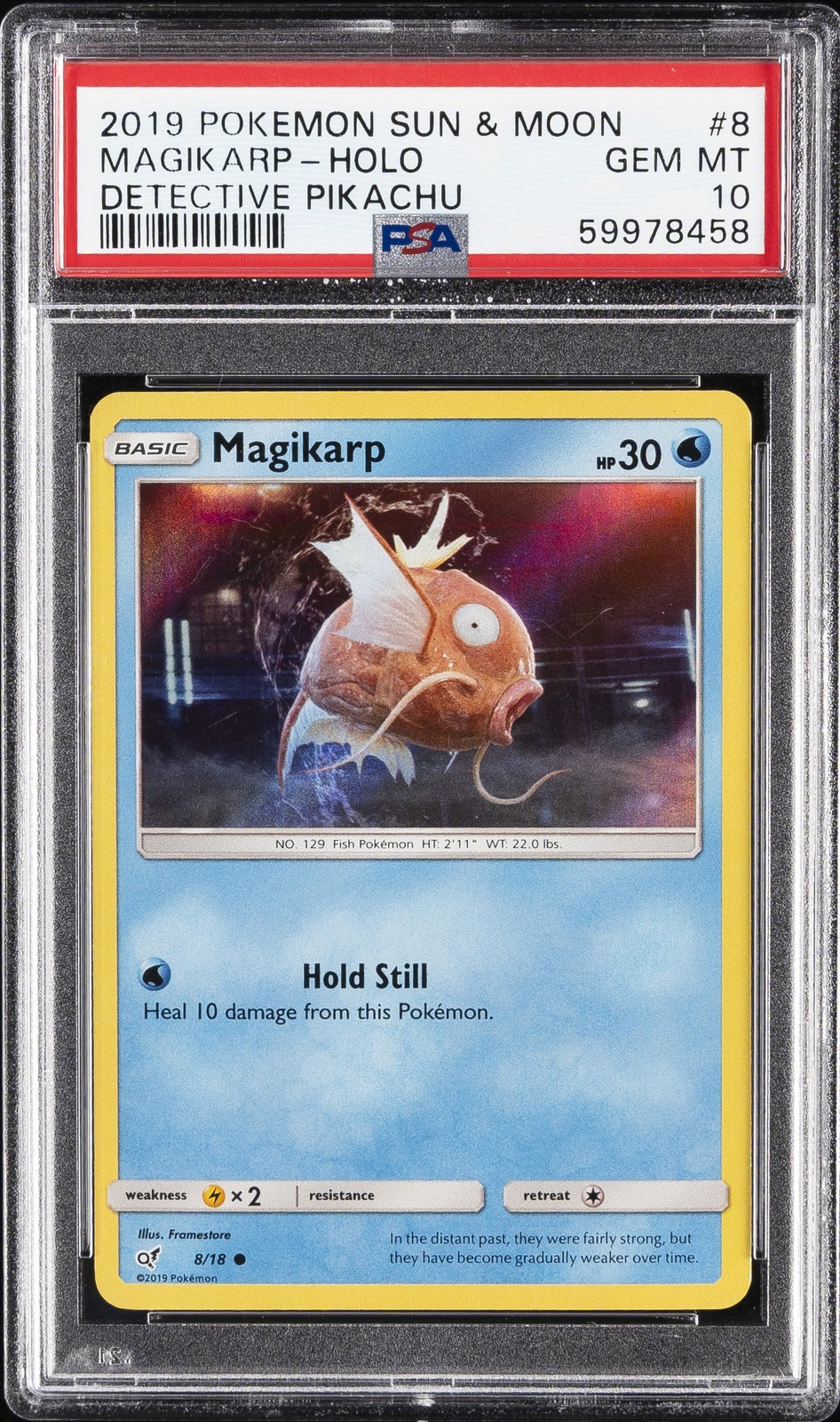 2019 POKEMON SUN & MOON DETECTIVE PIKACHU #8 MAGIKARP-HOLO PSA 10