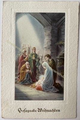 AK alte Postkarte Motiv Weihnachten um 1951 Geburt Jesus, Krippe, Hl drei Könige