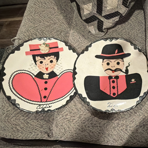 Round Decorative Clown Theme Collector Plates Set of 2 White Pink Black Red