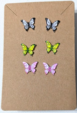 3 Pair Butterfly Acrylic w/ Metal Post Earrings- Pink, Yellow Black