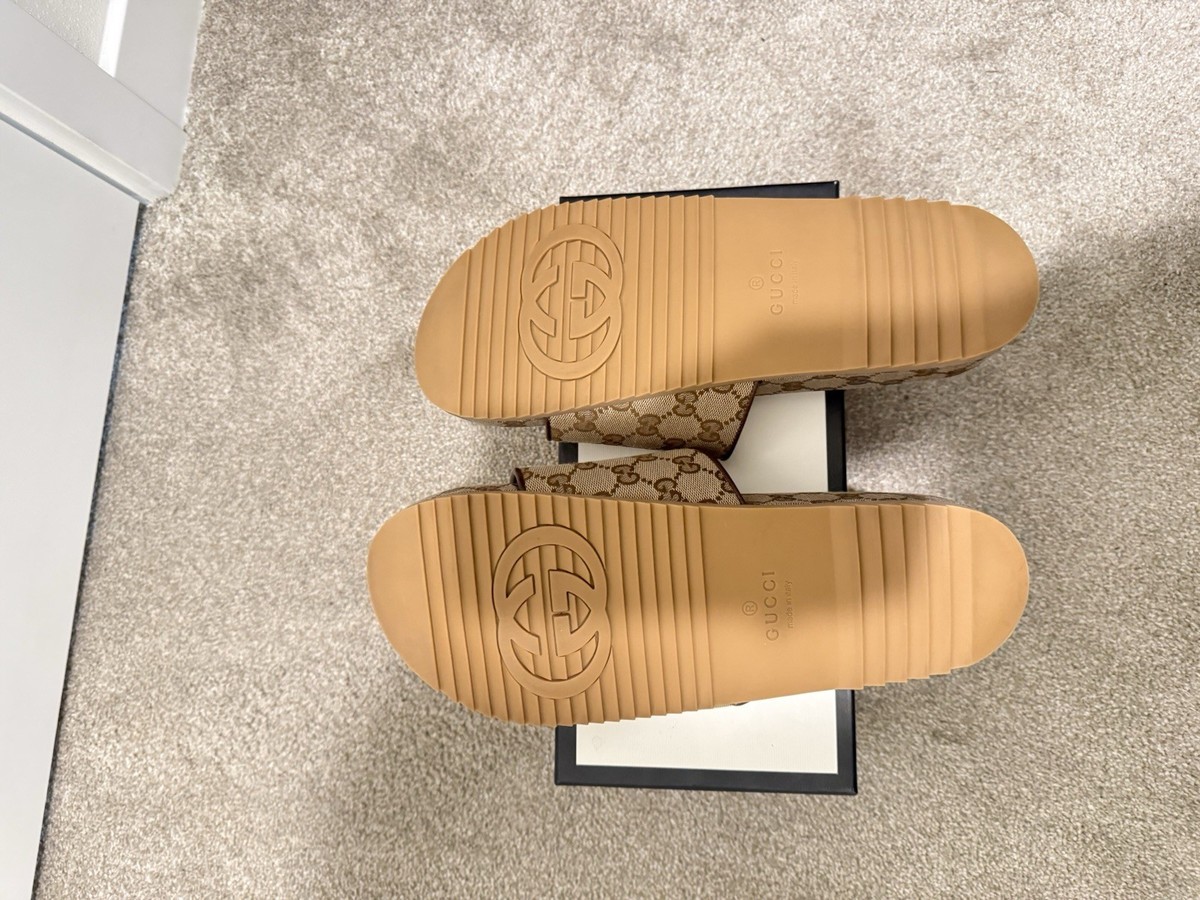 Gucci GG Supreme Men's Slide Sandals Beige Brown Logo Fabric