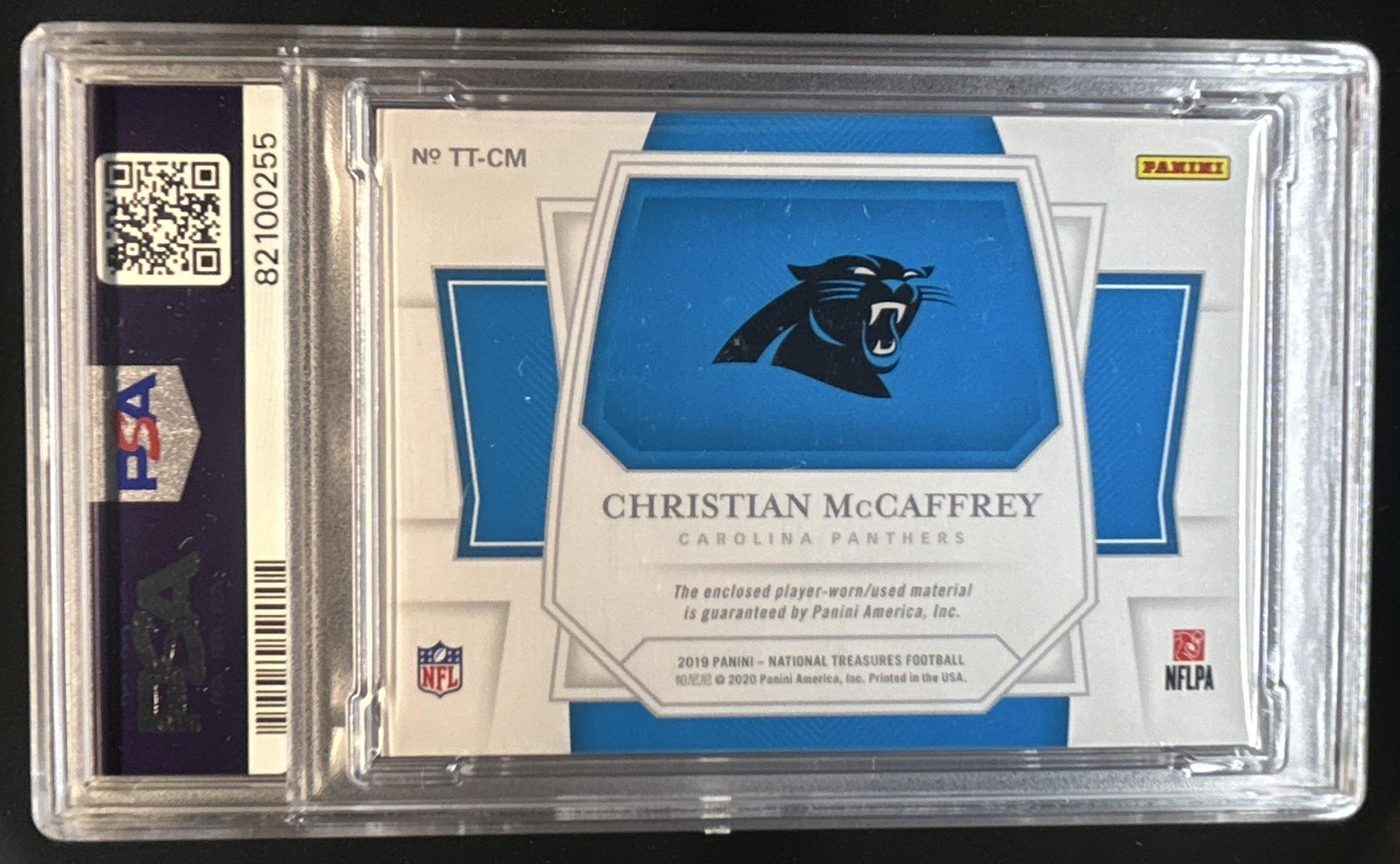 2019 National Treasures Christian McCaffrey Tremendous Tag Patch #1/1 PSA 9 view 2