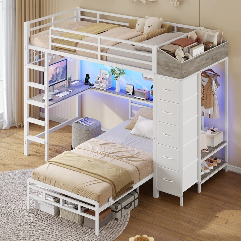 Bunk Bed Twin Over Twin with Hall Tree, L-Shaped Bunk Bed with Desk, Kids Bed - Image 4 of 4