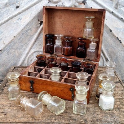 Antique Wooden Apothecary s Box with 20 Glass Bottles