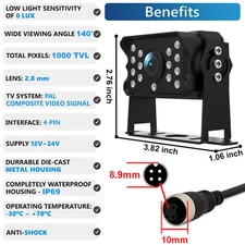 Waterproof 4Pin Rear View Backup Camera For Bus Truck Van RV CCD IR Night Vision