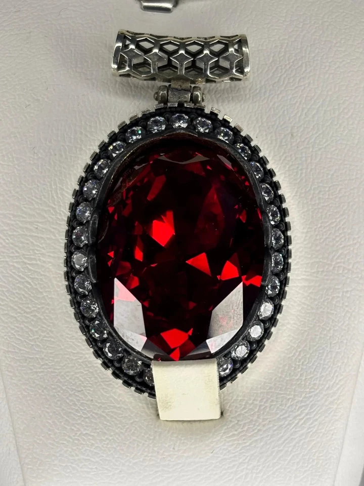 Handmade Sterling Silver Ruby Pendant Necklace: Moissanite Halo, Vintage Style - Image 4 of 4