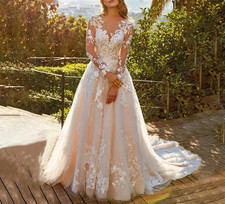 Modern Beach Wedding Dresses Scoop Long Sleeves Lace Appliques Garden Bridal
