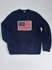 VTG Polo Ralph Lauren American Flag Knit Pullover Blue Sweater Mens Rare Size XL