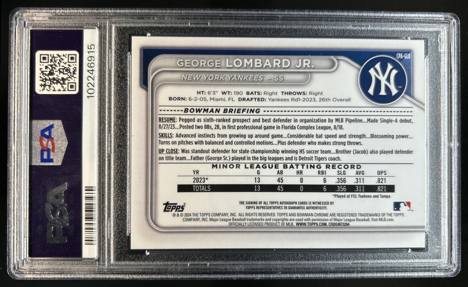 2024 Bowman George Lombard Jr. Chrome Auto Blue Lunar Refractor 1st #/150 PSA 10 view 2